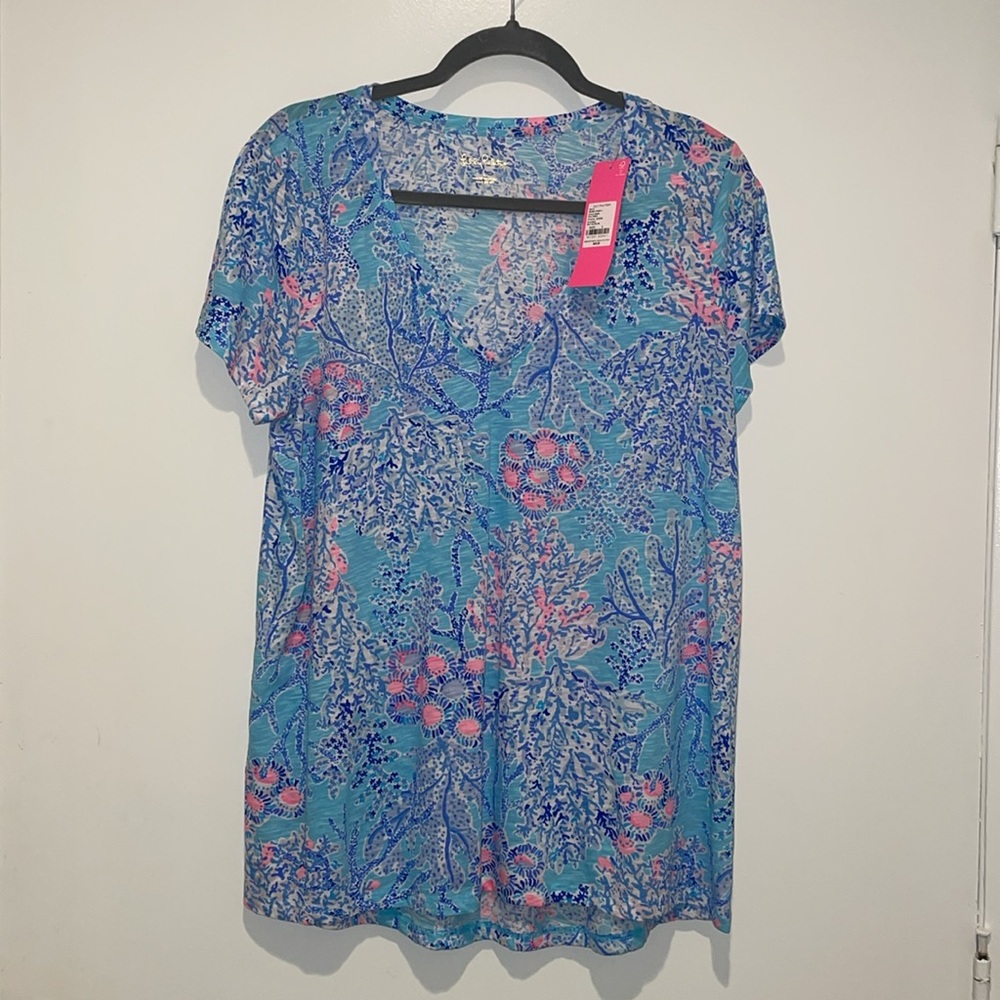 LILLY PULITZER Blue Ibiza Now You Sea Me SS Cotton V Neck Shirt NWT